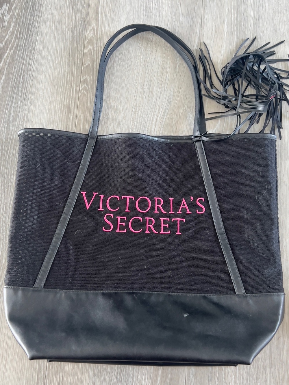 Victoria's Secret Black Tote with Pink Logo and Fringe Accent